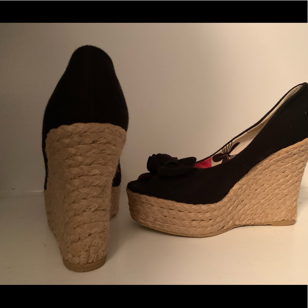 Black bow tie/Cork bottom wedges